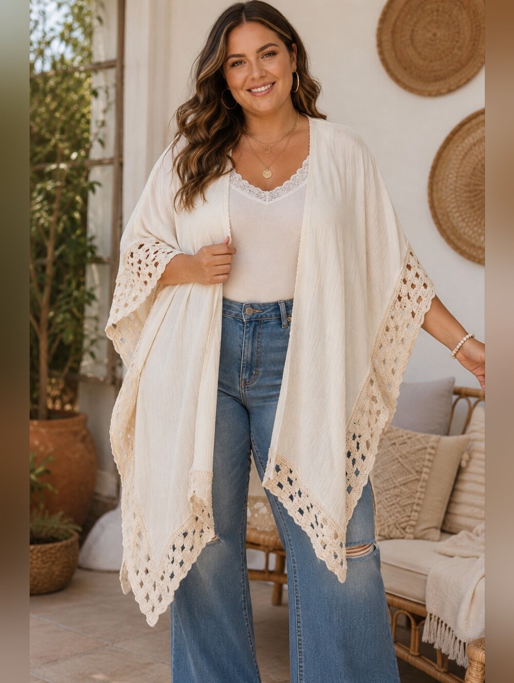 Krazy Kat Ivory Cotton Crochet Trim Kimono Cardigan XXL Boho